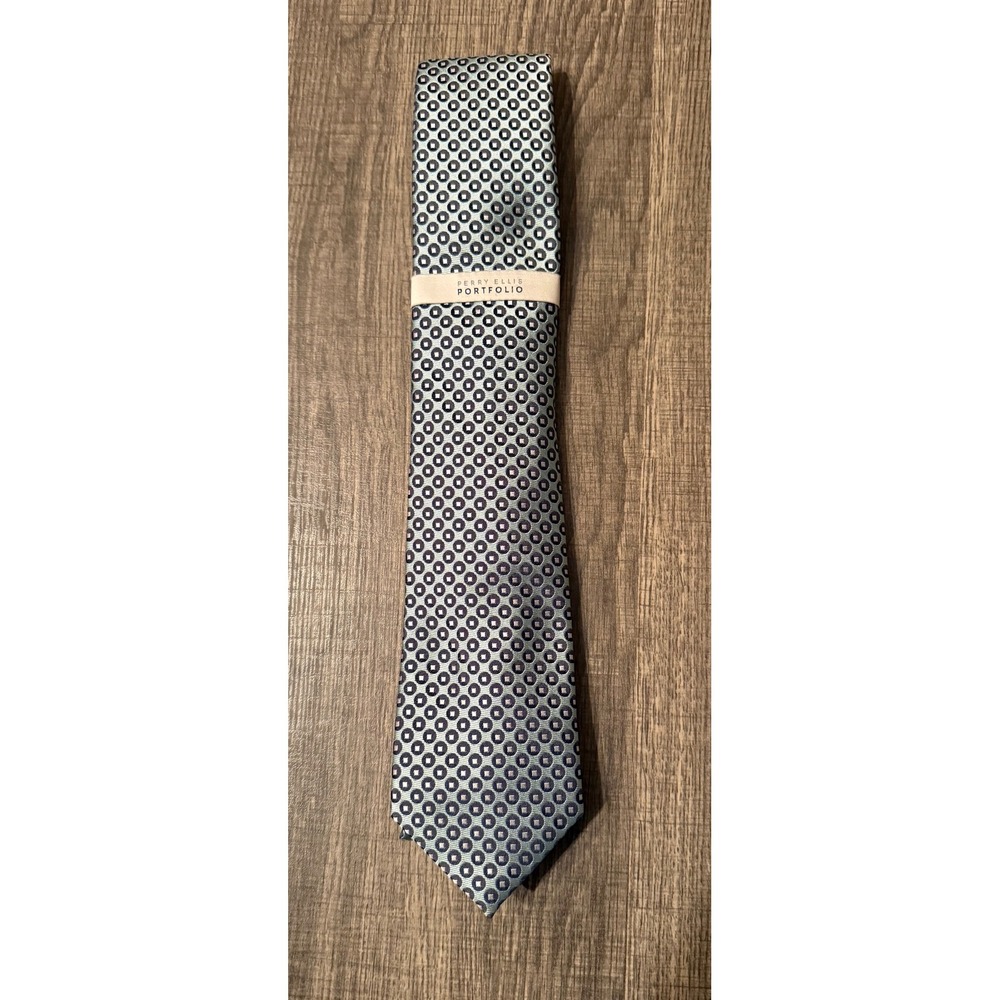 Perry Ellis Portfolio Mens Tie Blue Silver Geometric Pattern Formal Necktie